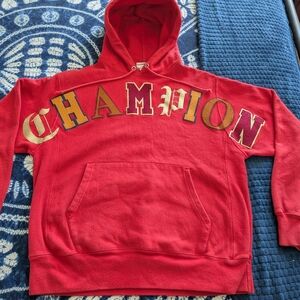 Champion Red Spell Out Reverse Weave Hoodie Medium